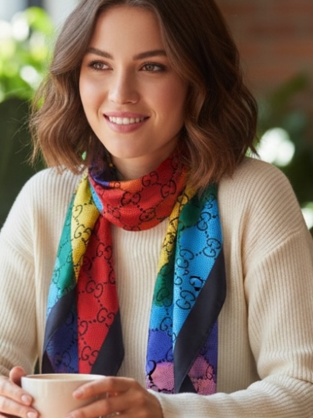 Gucci Rainbow GG Logo 100% Silk Scarf in Multicolor Panels 27x27 New